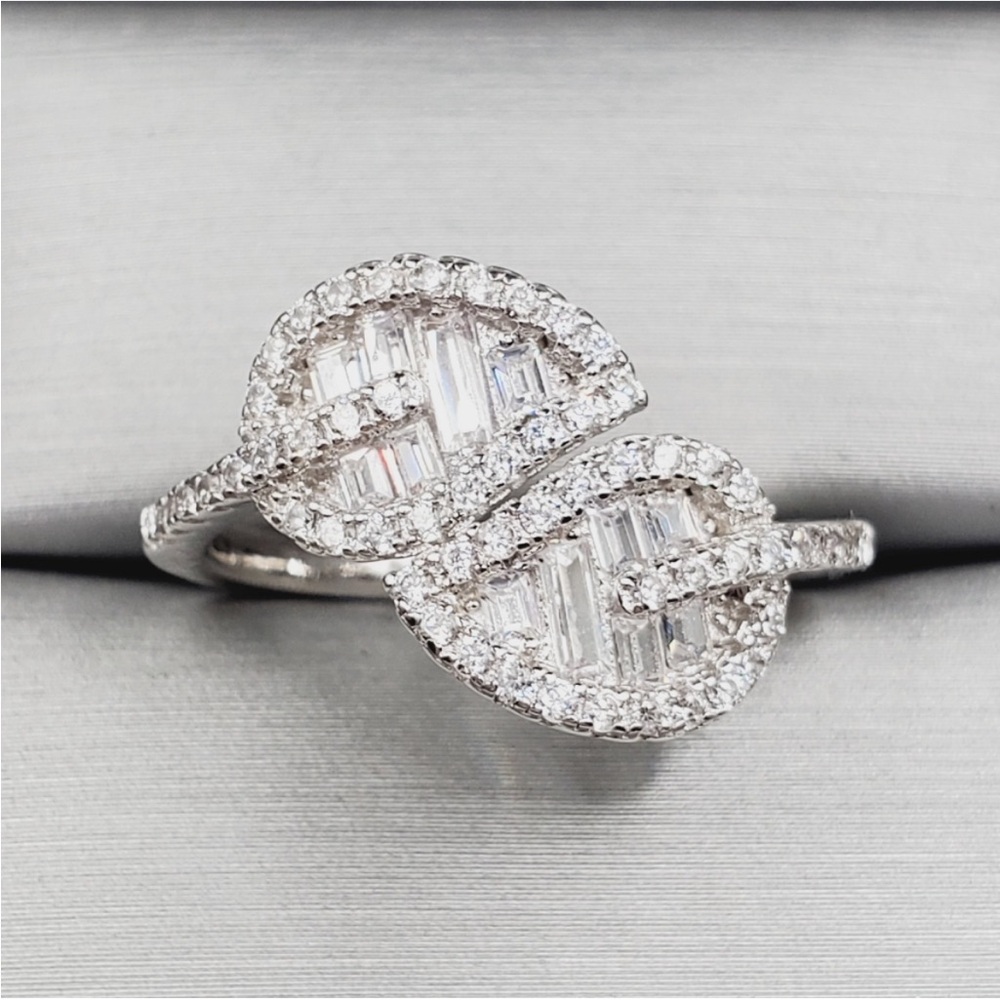 White Diamond Simulants Rhodium 925 Sterling Silver Double Leaf Ring